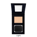 Compact powder in a black case with a mirror on a white background