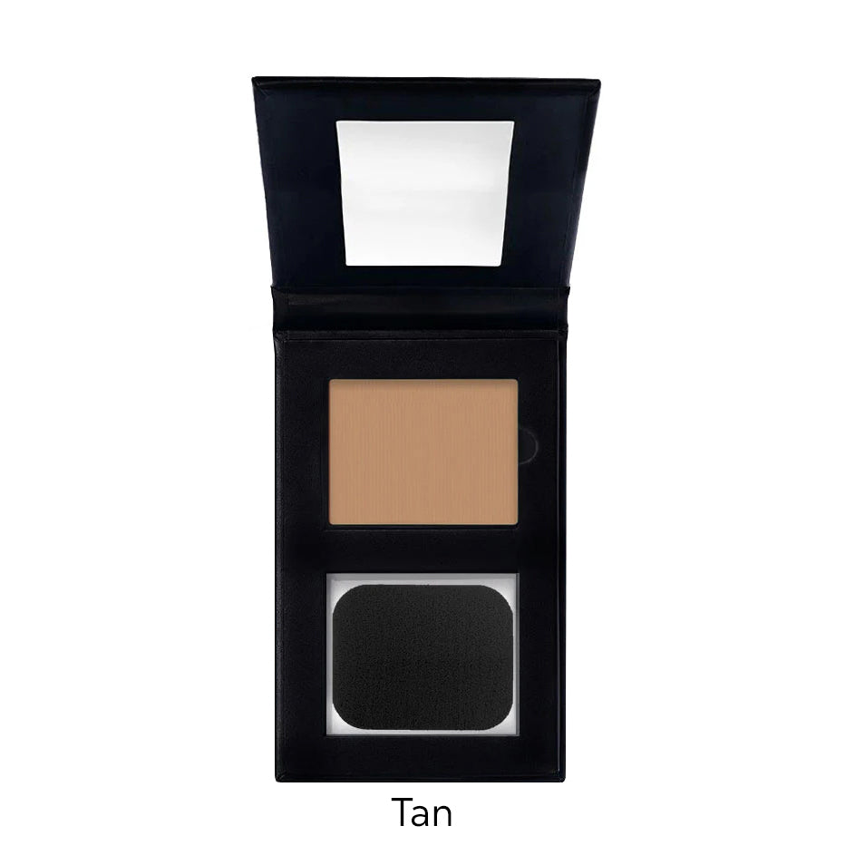 Compact makeup powder in a black case with a mirror on a white background