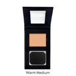 Compact makeup powder in a black case with a mirror on a white background, labeled 'Warm Medium'.