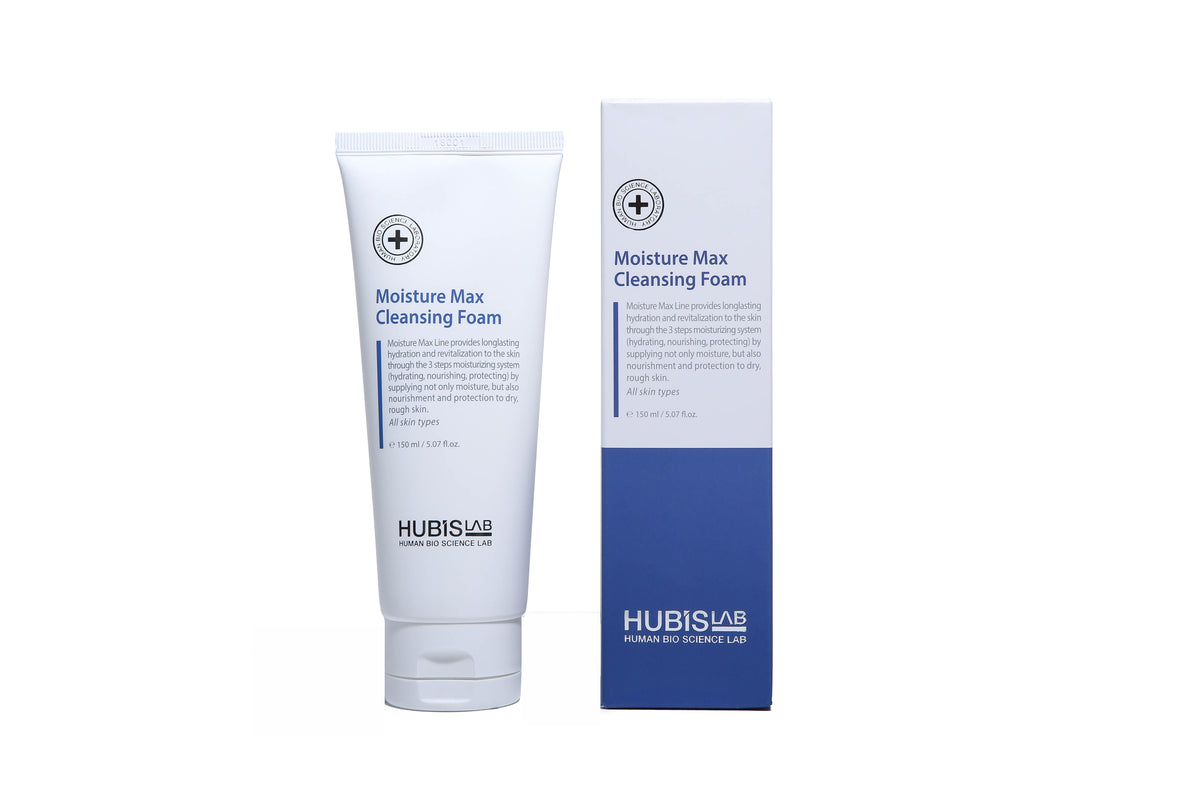 A tube of Hubislab Moisture Max Cleansing Foam 150ml for retail next to its packaging box, both featuring a white and blue color scheme.