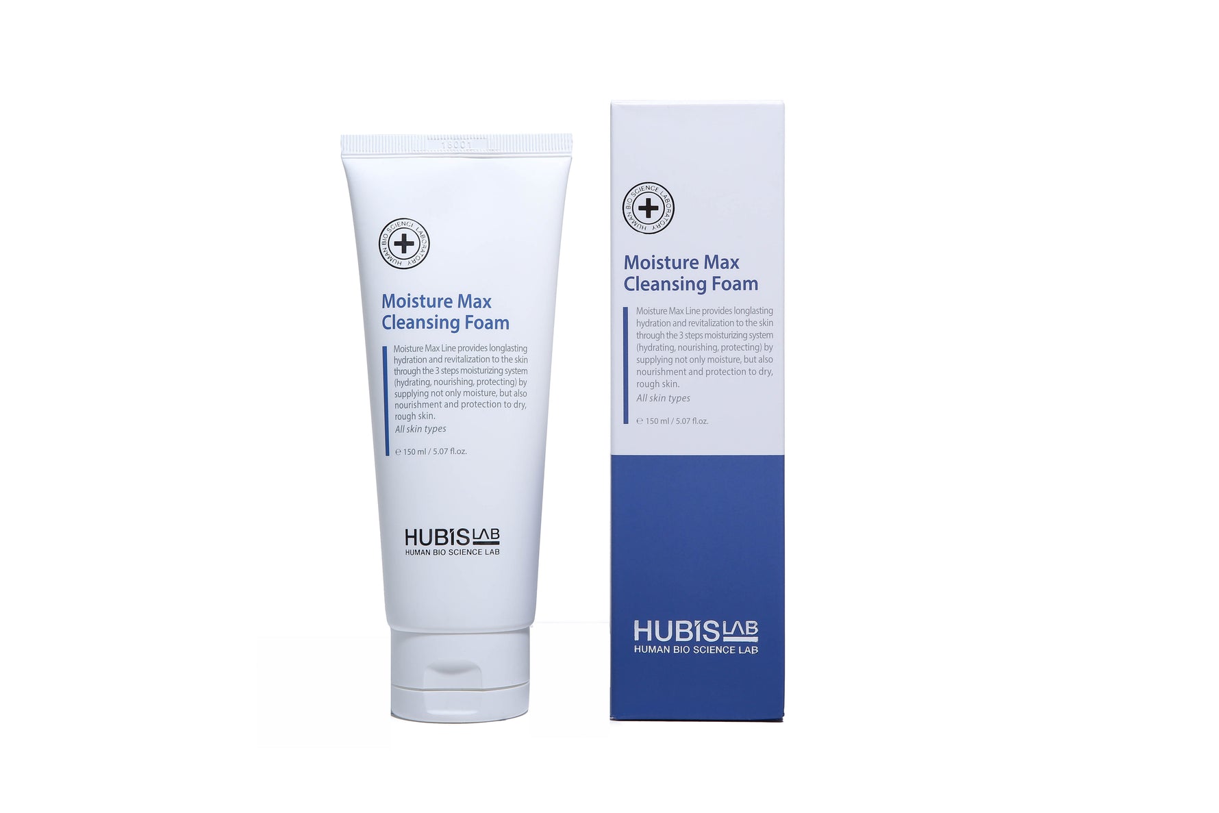 A tube of Hubislab Moisture Max Cleansing Foam 150ml for retail next to its packaging box, both featuring a white and blue color scheme.