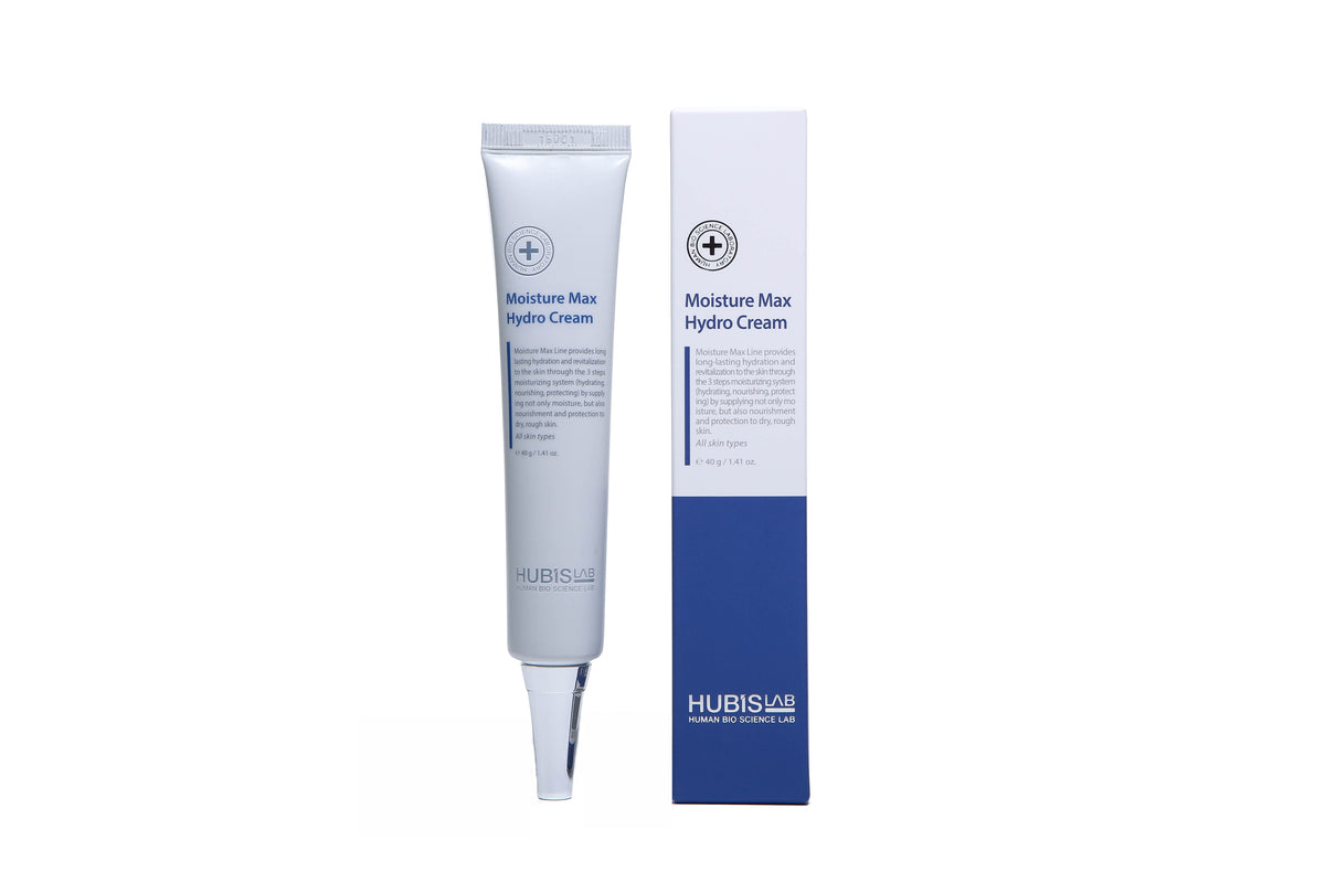 A tube of Hubislab Moisture Max Hydro Cream next to its packaging box, both featuring a clean and simple design with blue and white colors.