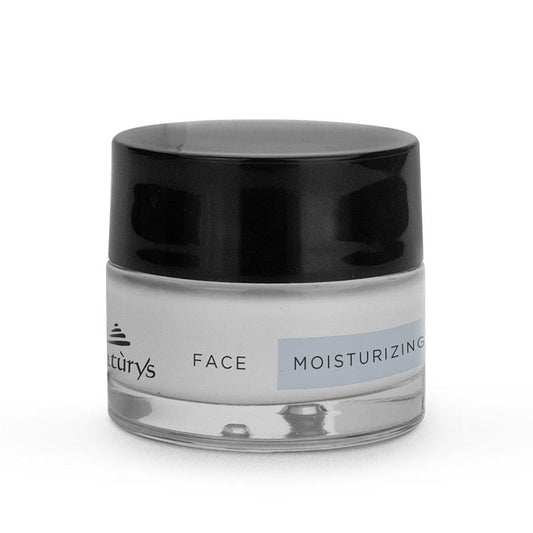 A jar of Naturys Moisturising Hydra Cream 24H intended for facial use, with a white label and black lid.