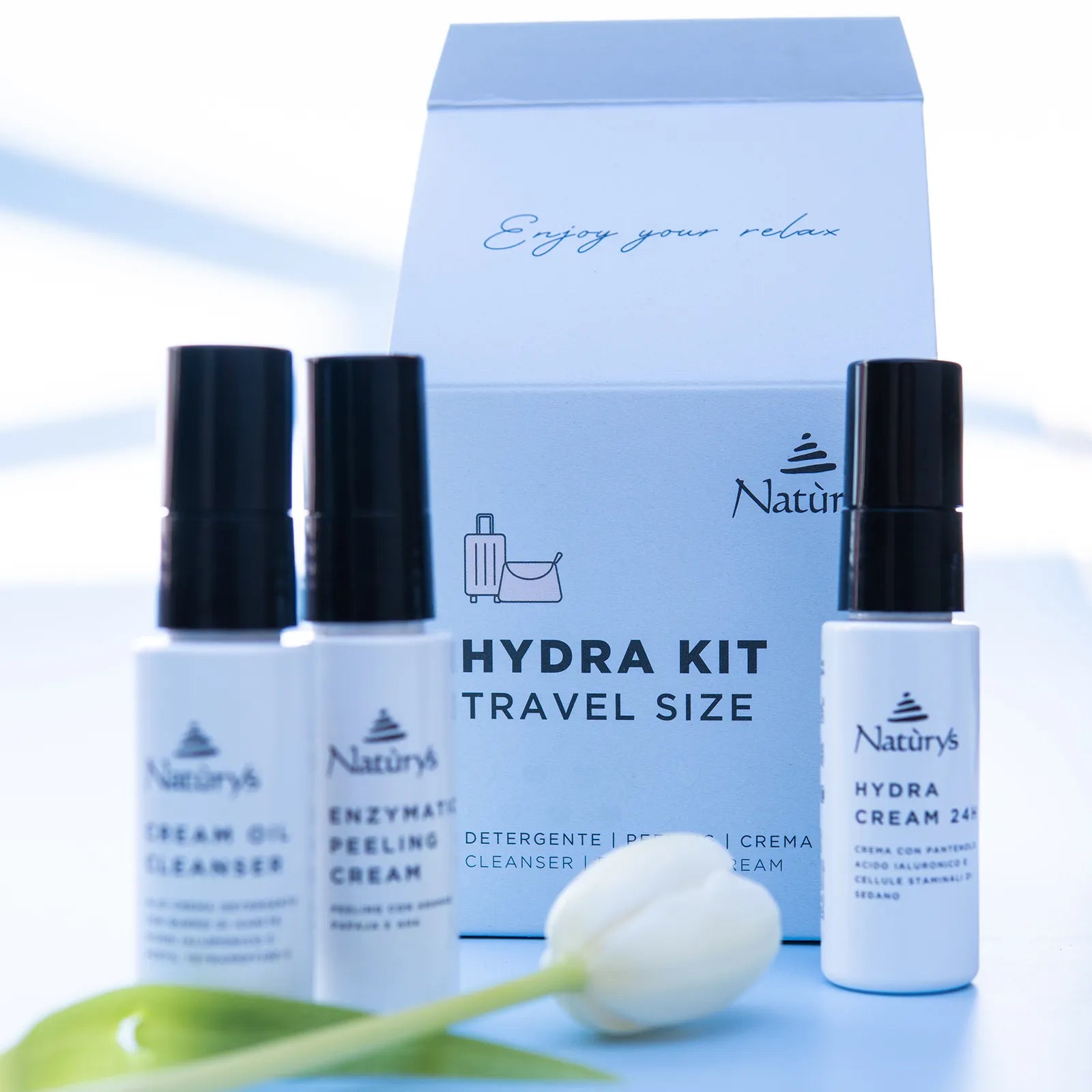 Nature's Hydra Kit travel size with three bottles and a box on a light blue background.