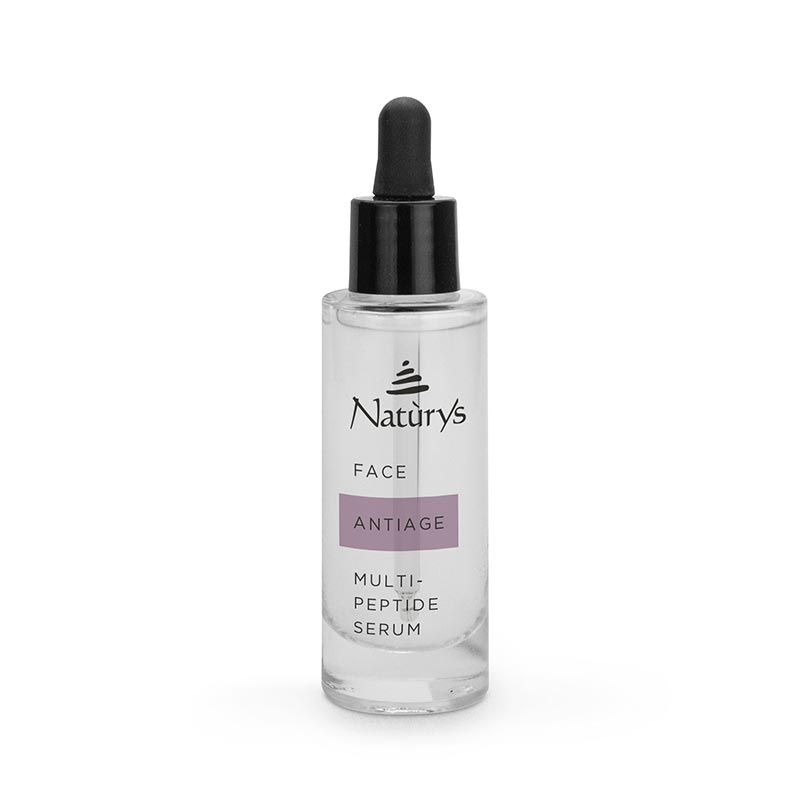 A clear glass bottle with a dropper containing NATURYS Anti-Age Multi-Peptide Serum - 30ml. The label reads 'Naturey's, FACE, ANTIAGE, MULTI-PEPTIDE SERUM'.