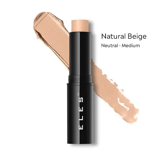 ELES Foundation Stick with applicator and color swatch with 'Natural Beige'  on a white background