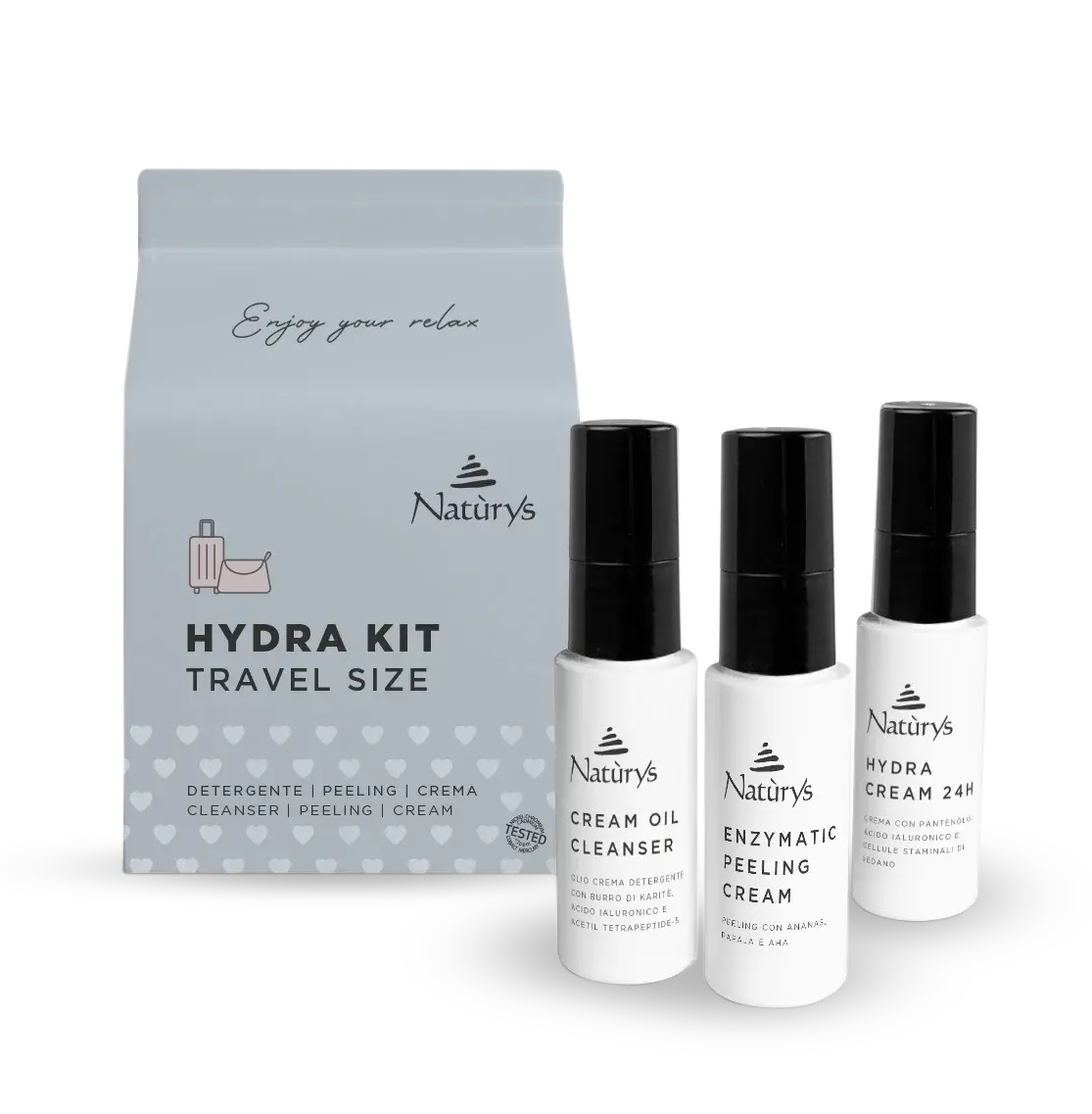 Naturys Hydra Kit travel size with three bottles and a box on a white background
