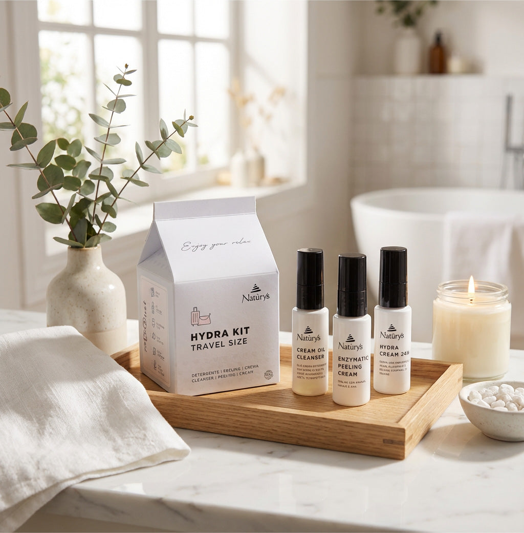 Natura skincare travel size kit on a wooden tray with a candle and plant in a bathroom setting