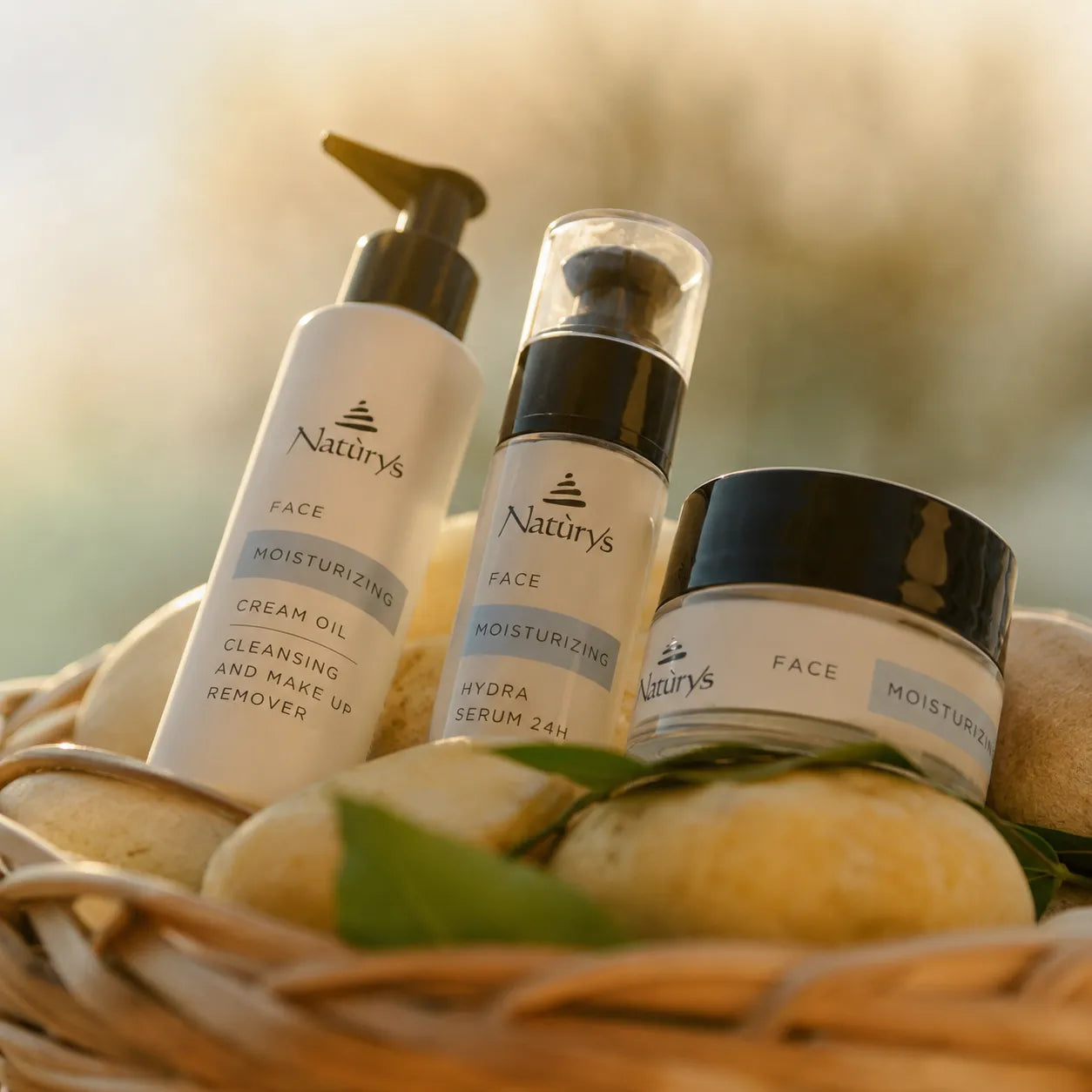 Three Natuys Face Moisturizing skincare products arranged in a wicker basket with stones and green leaves on a warm, blurred outdoor background.