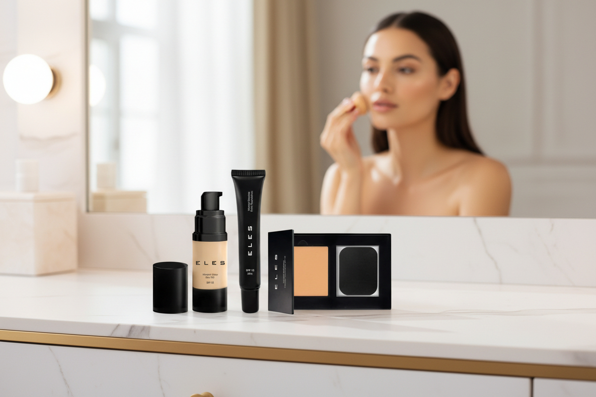 Woman applying makeup in front of a mirror with ELES Cosmetics new foundations products on the counter.