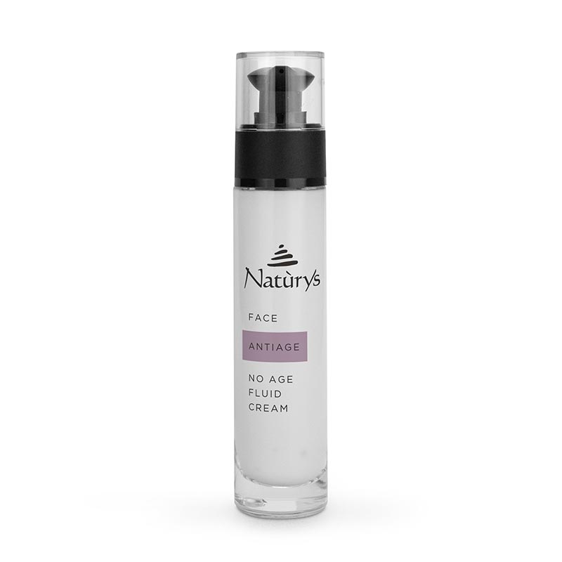 A pump bottle of NATURYS Anti-Age No Age Fluid Cream - 50ml, indicating it is a skin care product designed for face anti-aging.