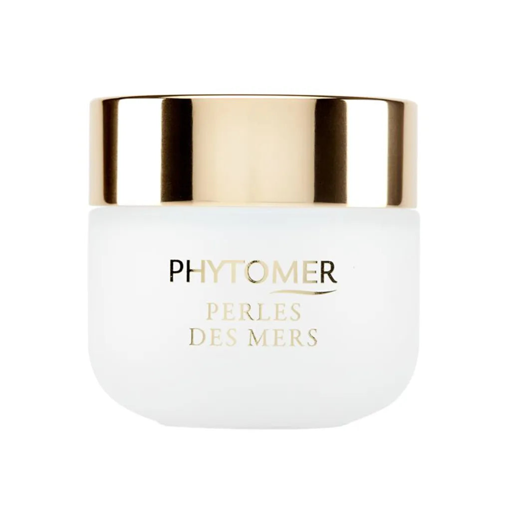 White jar with gold lid featuring PHYTOMER Perles Des Mers Longevity Cream 50ml on a white background