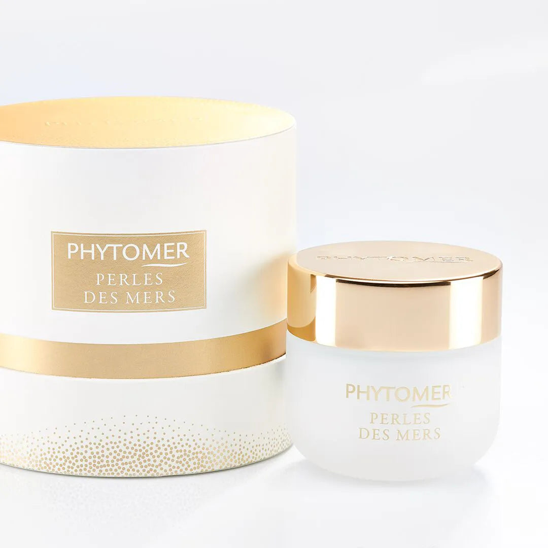 PHYTOMER Perles Des Mers Longevity Cream 50ml with gold lid and white container on a light gray background