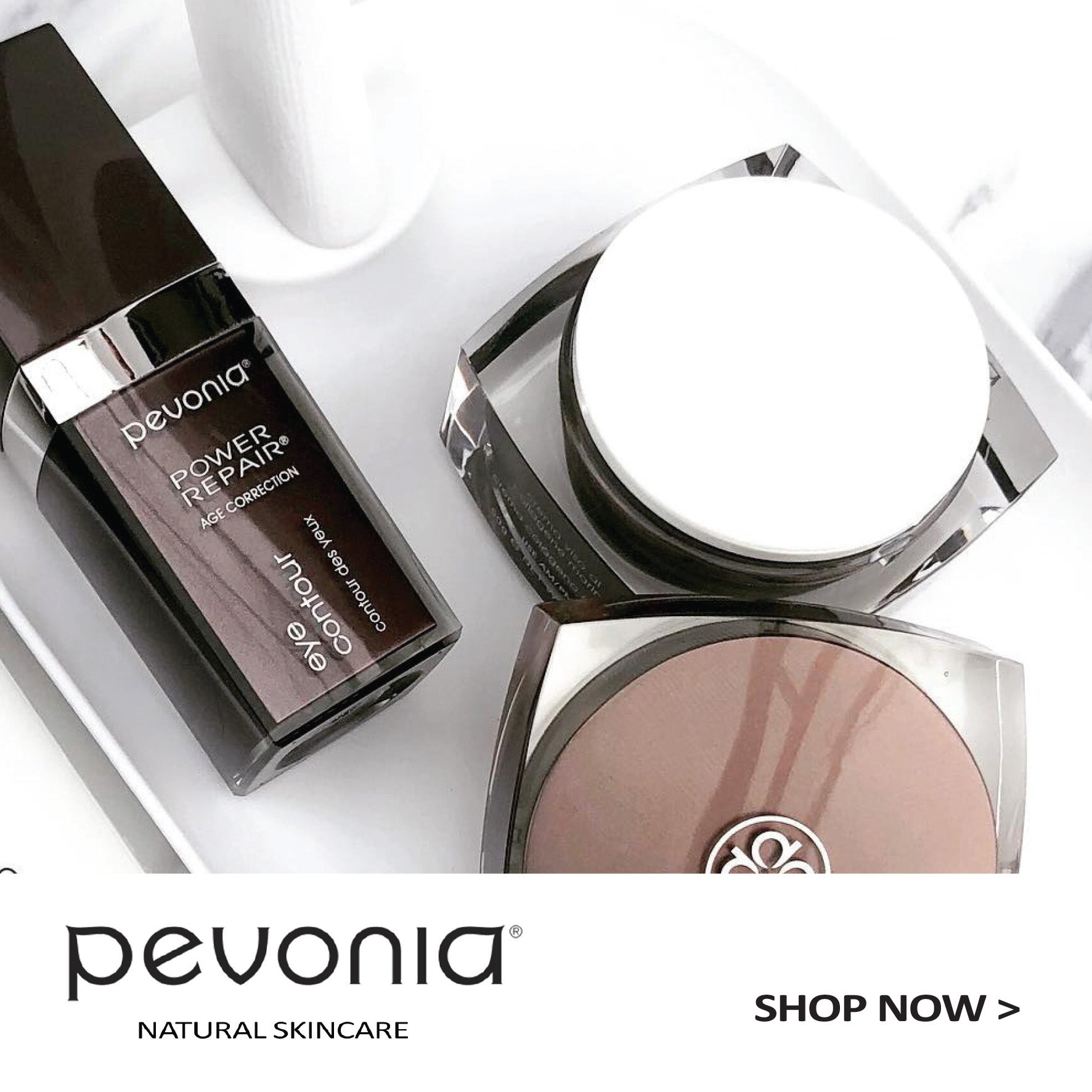 Pevonia products with logo and shop now button