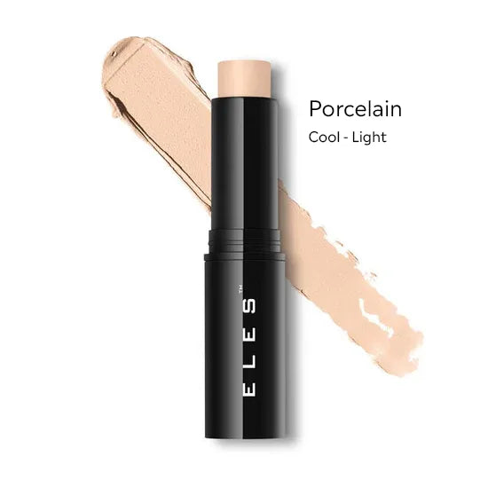 ELES Foundation Stick with applicator and color swatch labeled 'Porcelain Cool Light' on a white background