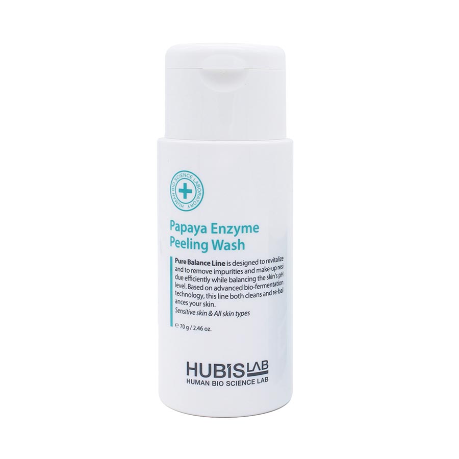 A bottle of Pure Balance Papaya Enzyme Peeling Wash by HubisLab. The packaging is white with a label and a green and blue design element, indicating the product is pH balanced, all-natural, and designed for skin cleansing.