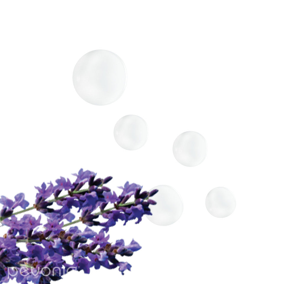 Pevonia Dry Oil Body Moisturizer ingredients Lavender flowers with white droplets of product on a white background