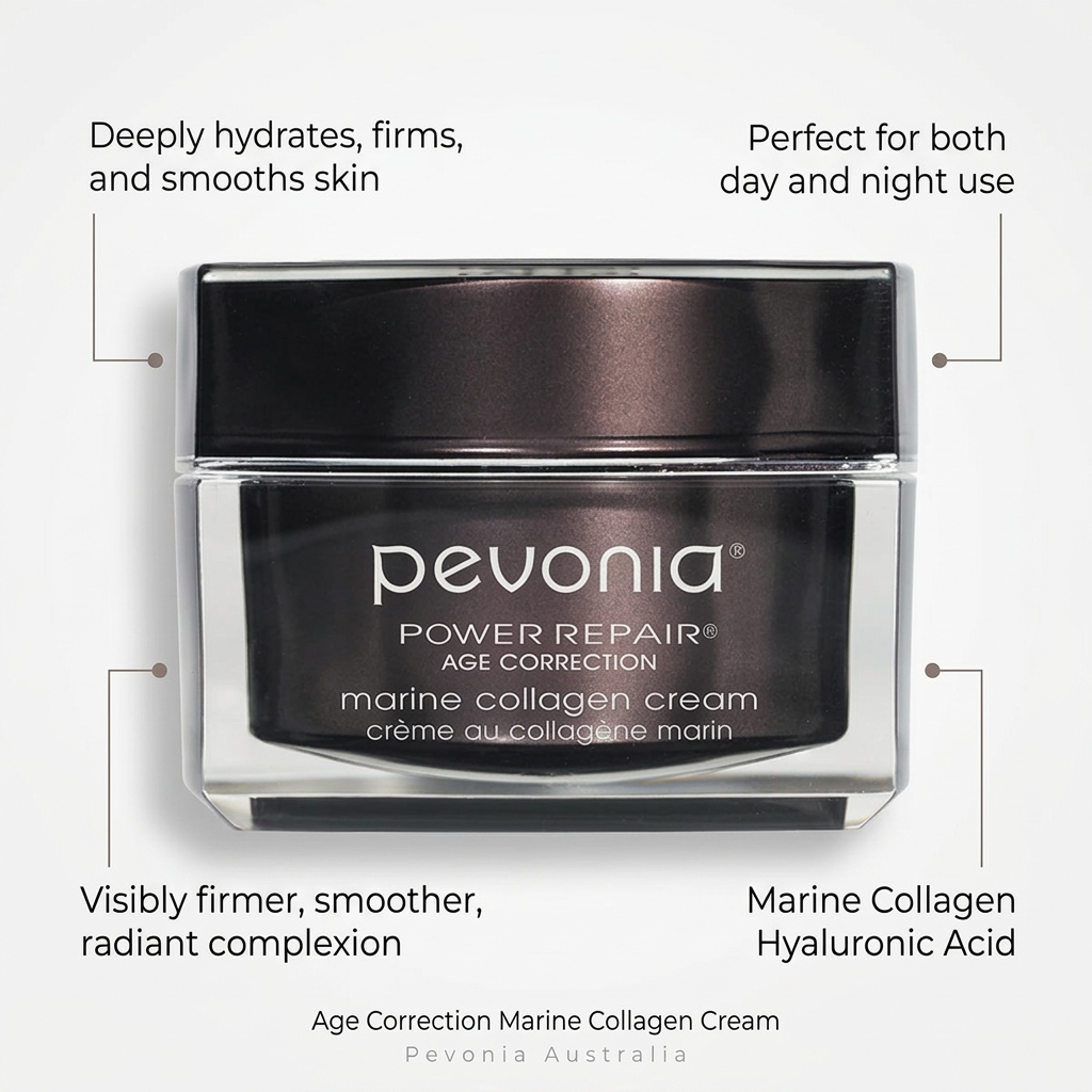A jar of Pevonia marine collagen cream, which is designed for age correction and contains marine collagen and squalane for moisturizing and UV protection, with list of   who it is  for retail use 50gor and ingredients. 50g