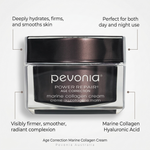 A jar of Pevonia marine collagen cream, which is designed for age correction and contains marine collagen and squalane for moisturizing and UV protection, with list of   who it is  for retail use 50gor and ingredients. 50g