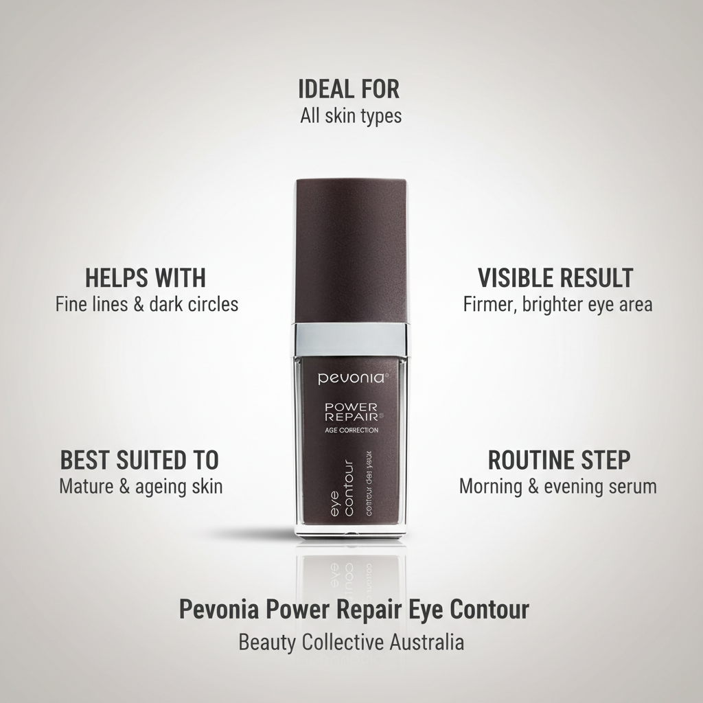 Pevonia Power Repair Eye Contour serum bottle with connector lines to product information on a light grey background 30ml for end consumer use