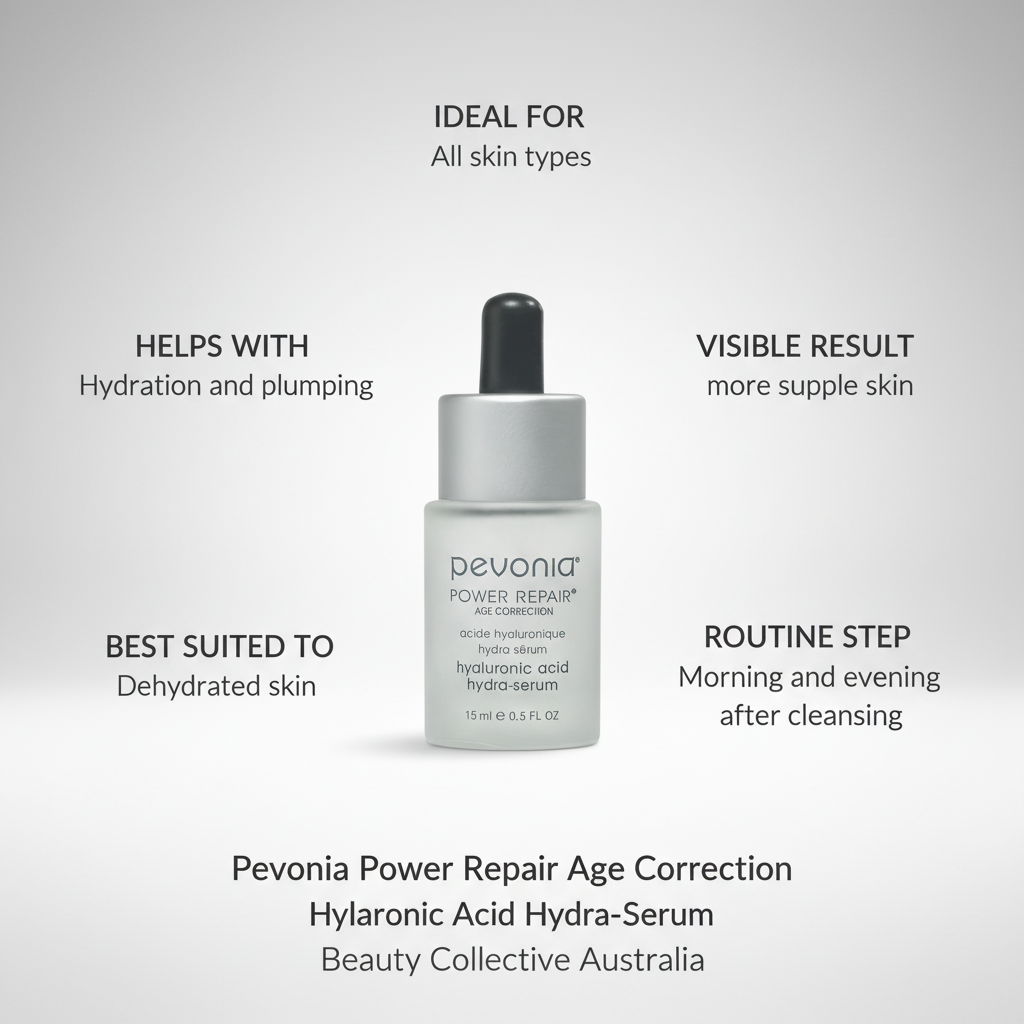 Pevonia Power Repair Age Correction Hyaluronic Acid Hydra Serum with connector lines to use and ingredients product details on a grey background 15ml