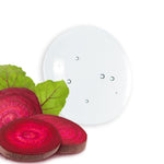 Pevonia Power Repair Hyaluronic Acid Hydra Serum product texture image indicating texture and ingredients Sliced beets with green leaves on a white background