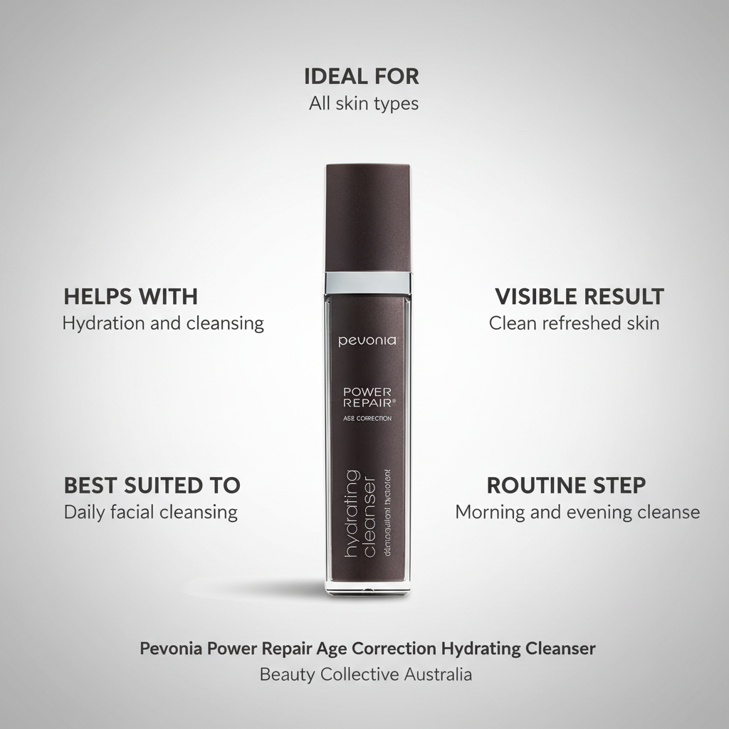 A bottle of Pevonia Power Repair-Hydrating Cleanser with a capacity of 120ml, for end consumer use and label, designed for cleansing the skin, with features labelled on a grey background