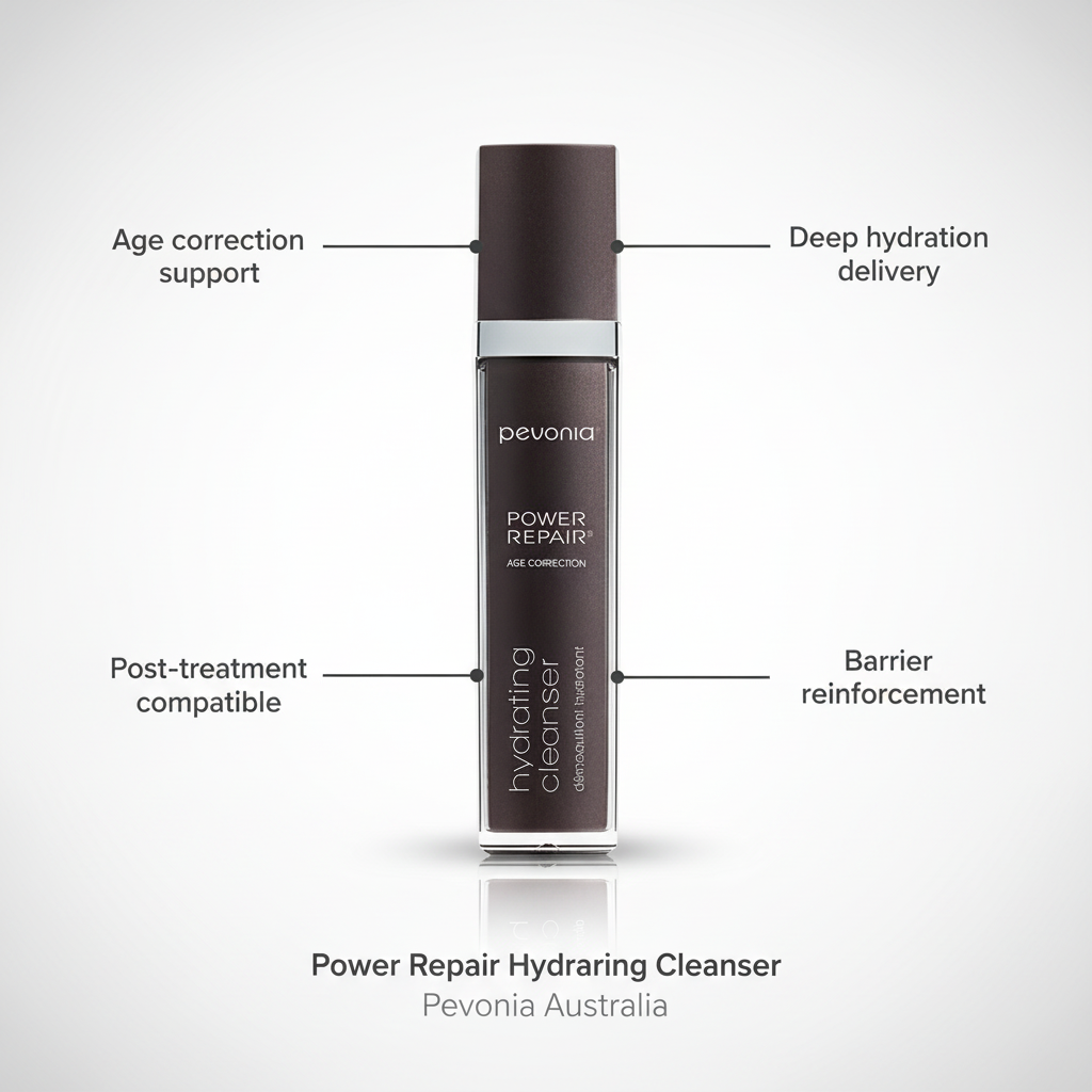A bottle of Pevonia Power Repair-Hydrating Cleanser with a capacity of 120ml, for end consumer use and label, designed for cleansing the skin, with features labelled on a grey background 1