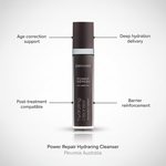 A bottle of Pevonia Power Repair-Hydrating Cleanser with a capacity of 120ml, for end consumer use and label, designed for cleansing the skin, with features labelled on a grey background 1