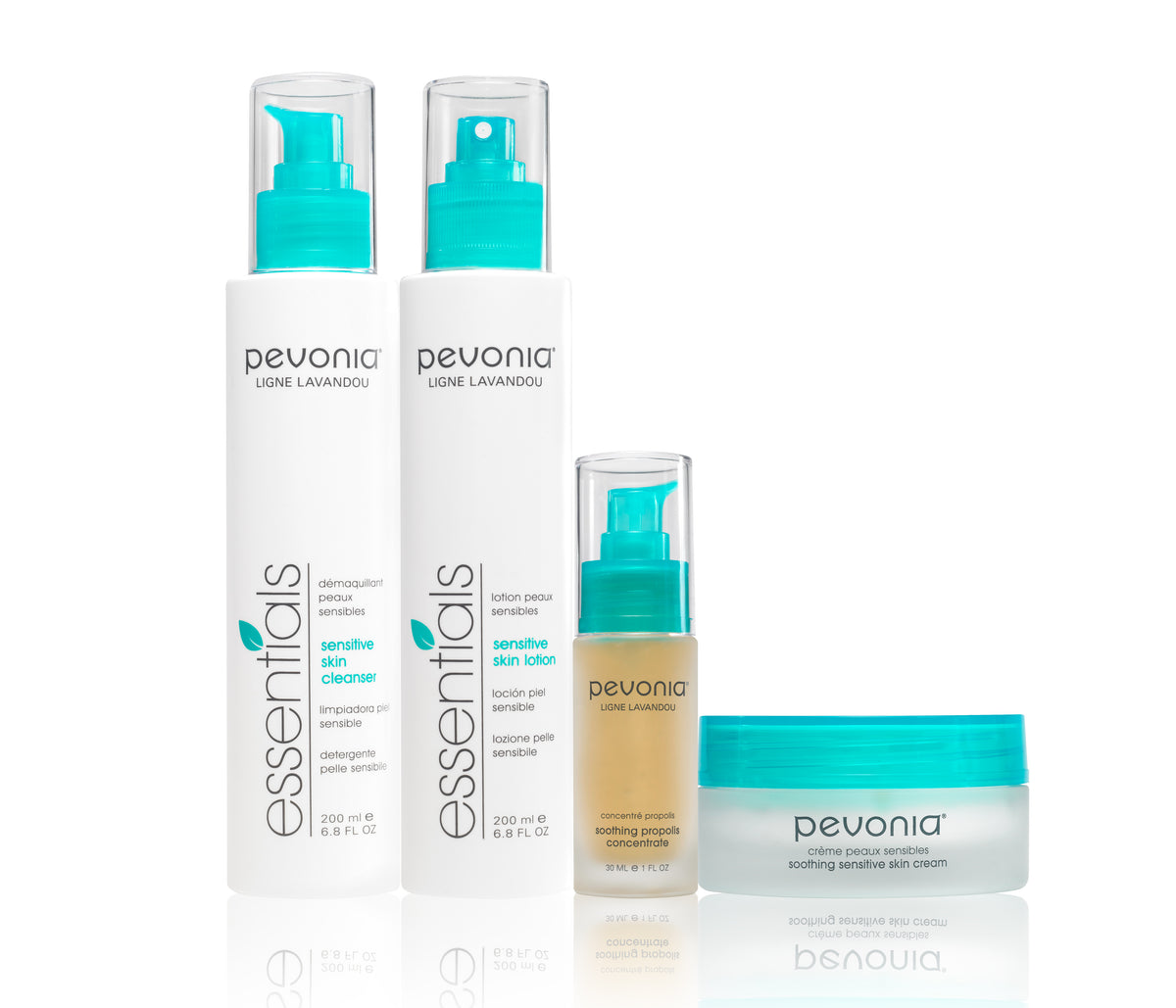 Pevonia Sensitive Skin line featuring Sensitive Skin Cleanser, Sensitive Skin Lotion, Soothing Propolis Concentrate, and Soothing Sensitive Skin Cream for calming and restoring sensitive skin