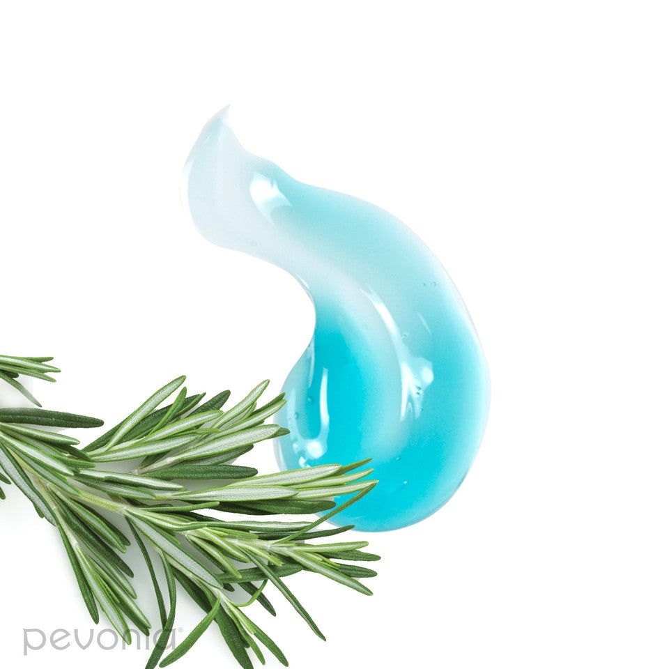  Pevonia Tension relief gel Blue gel with rosemary leaves on a white background