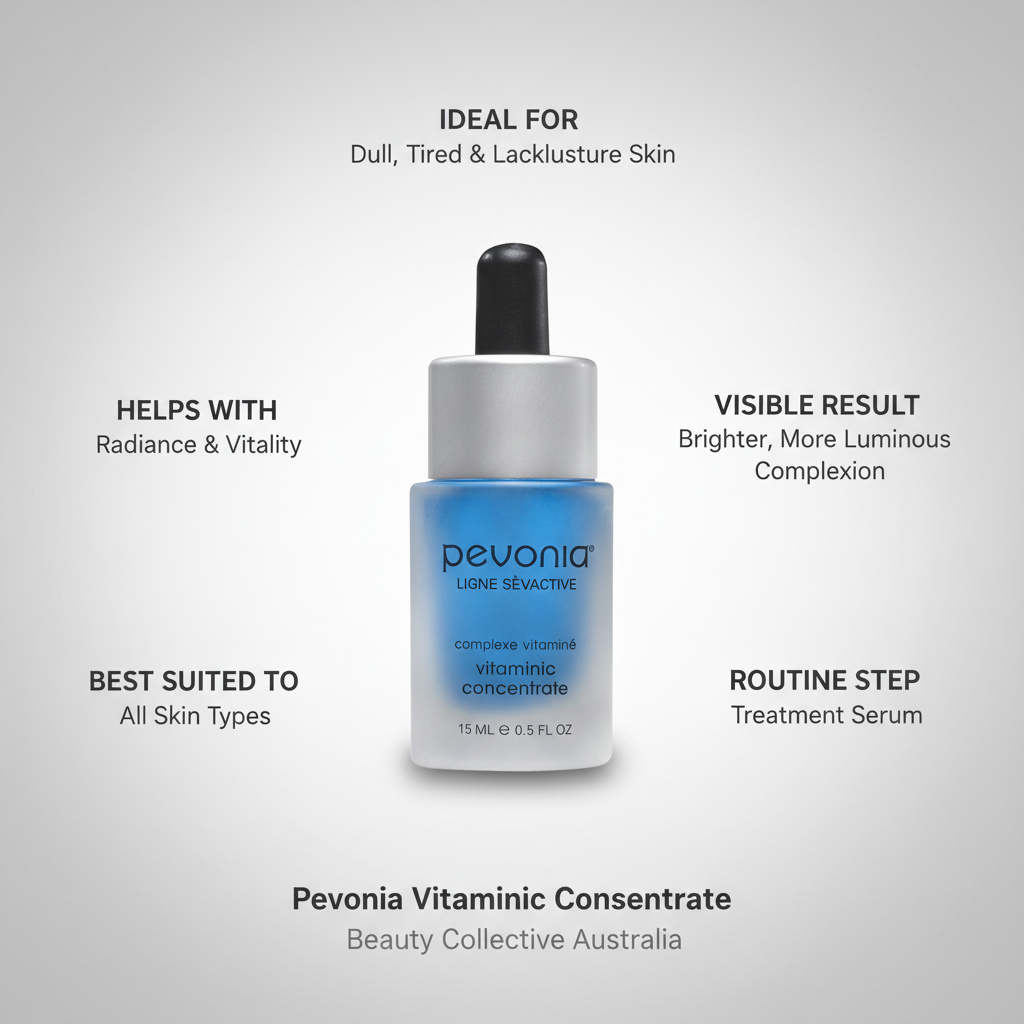 Pevonia Vitaminic Concentrate bottle with product details on a gray background