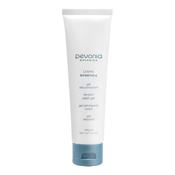 A tube of Pevonia tension relief gel 100g with a white body and blue cap against a plain background.