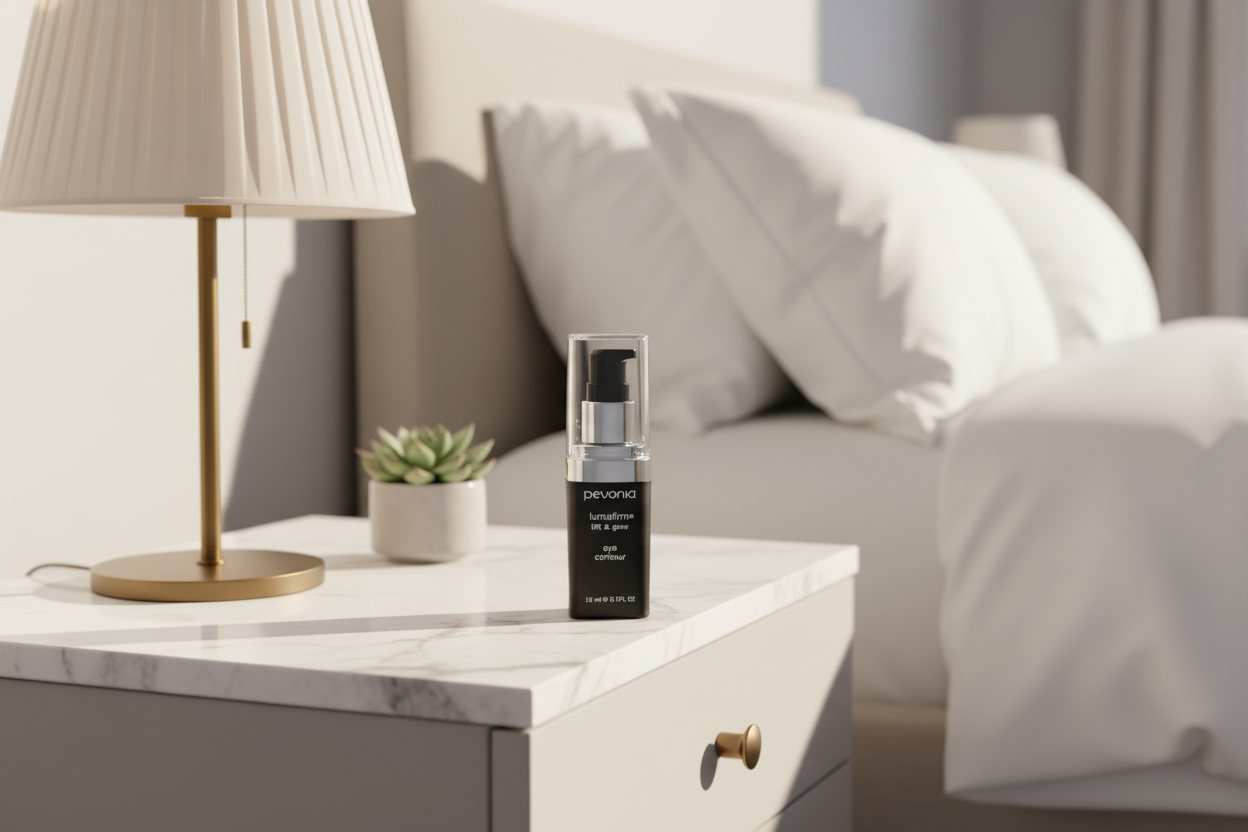 Pevonia Lumafirm Eye Contour Lift and Glow bottle on a nightstand with a lamp and pillows in the background
