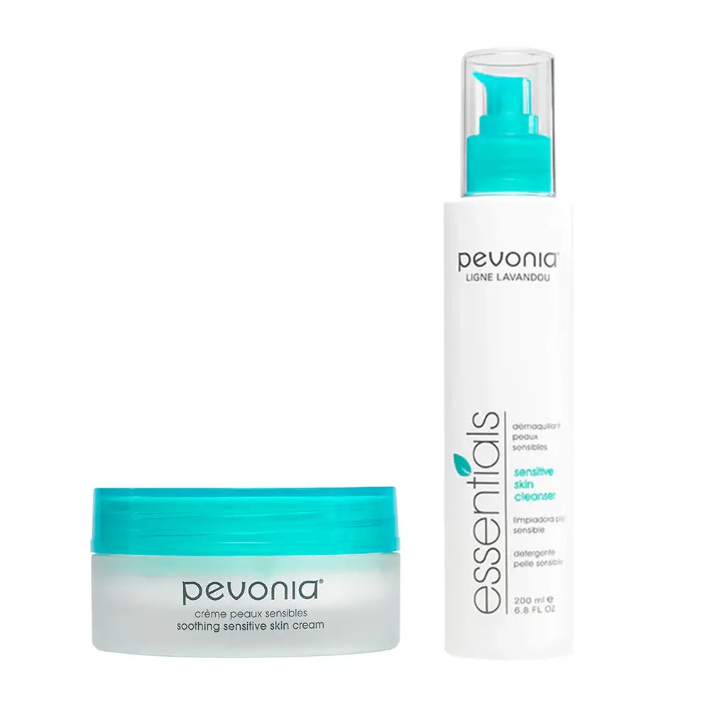 Pevonia skincare products including a jar and a bottle on a white background