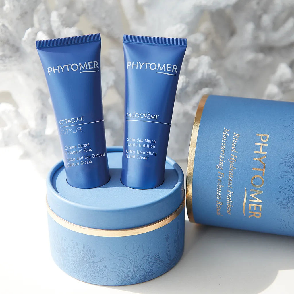 Phytomer Mother’s Day Moisturizing Freshness Ritual gift set with Citylife face and eye sorbet cream and Oleocreme hand cream displayed in blue cylinder packaging
