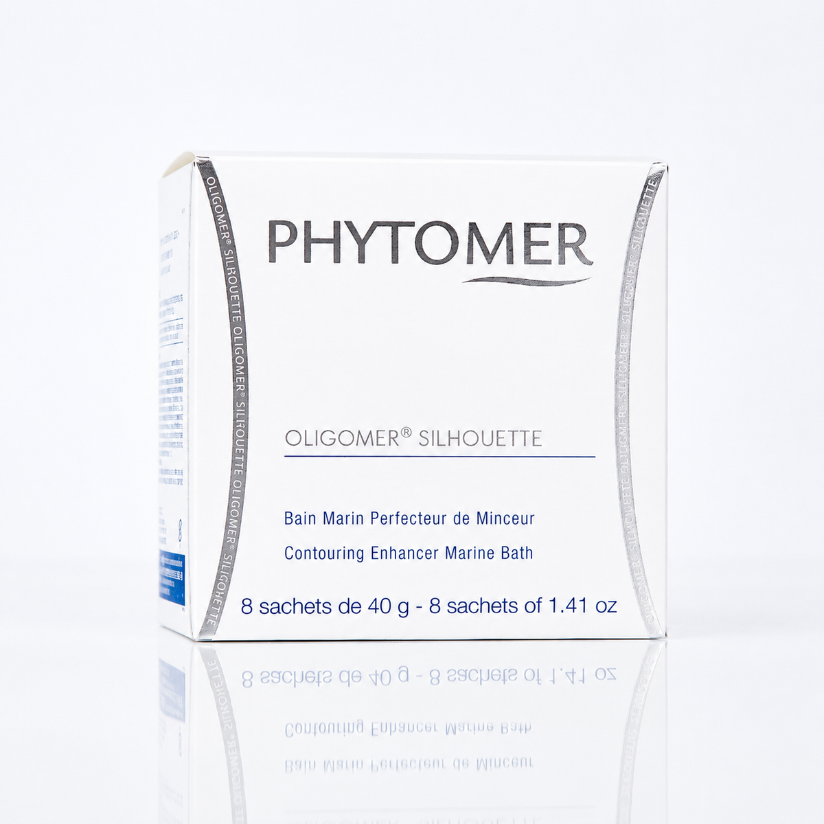 PHYTOMER Oligomer Silhouette Contouring Enhancer Marine Bath, 8 x 40g sachets, displayed in its white retail box with silver accents on a clean white background with a subtle reflection.