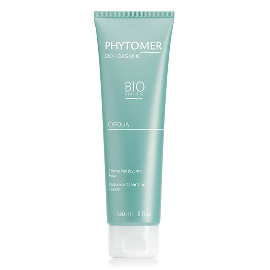 A tube of CYFOLIA ORGANIC Radiance Cleansing Cream by Phytomer with a light green label, displaying the product name and a brief description.