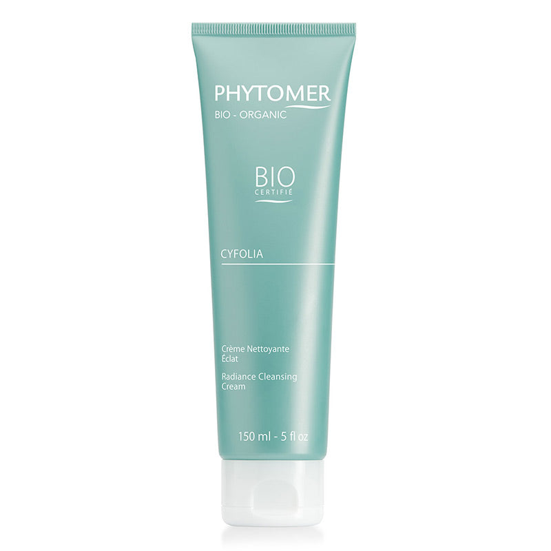 A tube of CYFOLIA ORGANIC Radiance Cleansing Cream by Phytomer with a light green label, displaying the product name and a brief description.