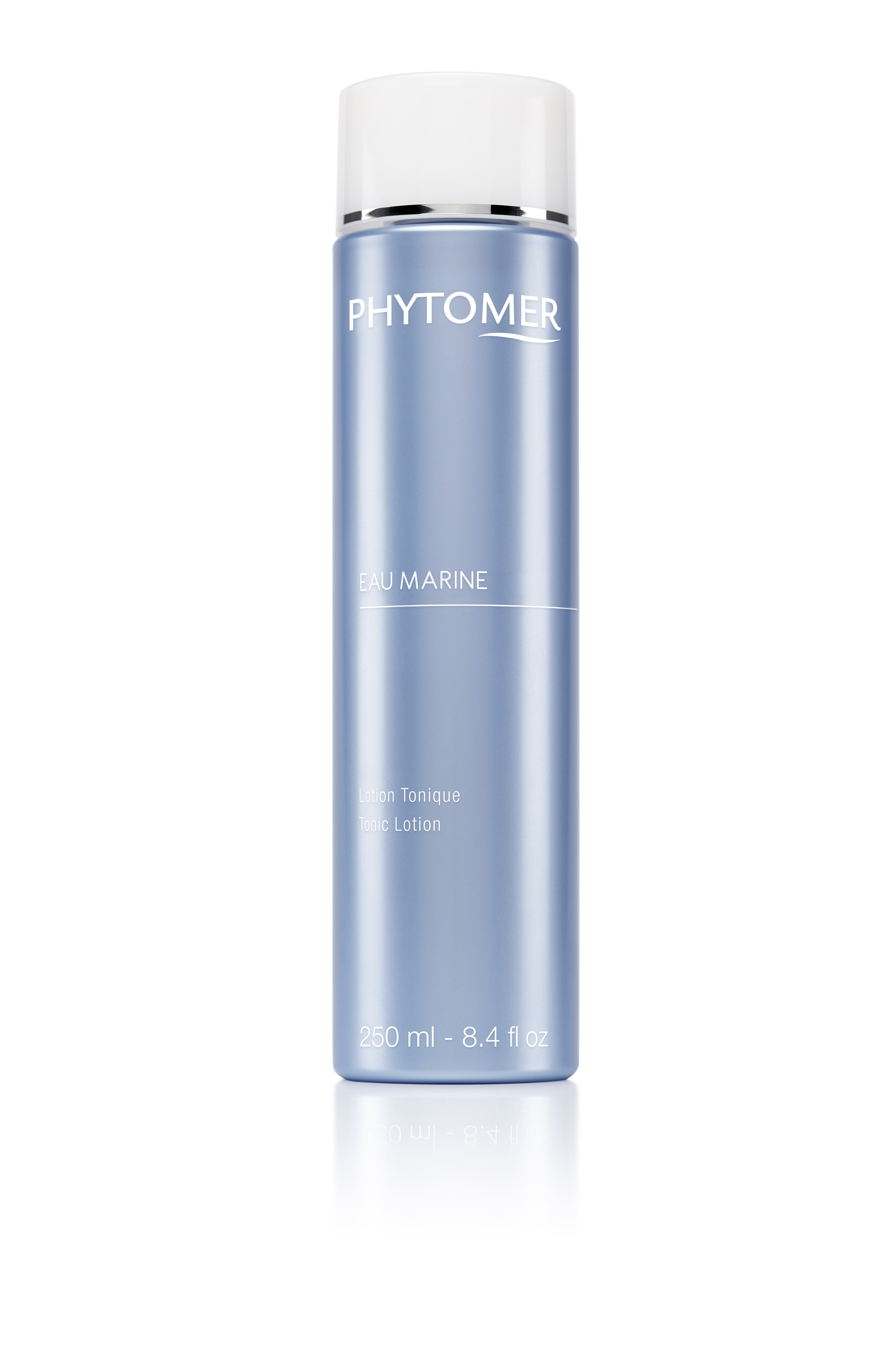 A bottle of Phytomer Eau Marine Tonic Lotion, 250ml, with a blue label and white cap.