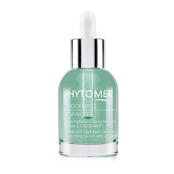 A clear glass dropper bottle of PHYTOMER Oligoforce Advanced Wrinkle and Dark Spot Correction Moisturizing Serum with a green label.
