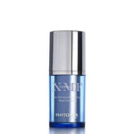 Blue skincare bottle with silver cap on a white background