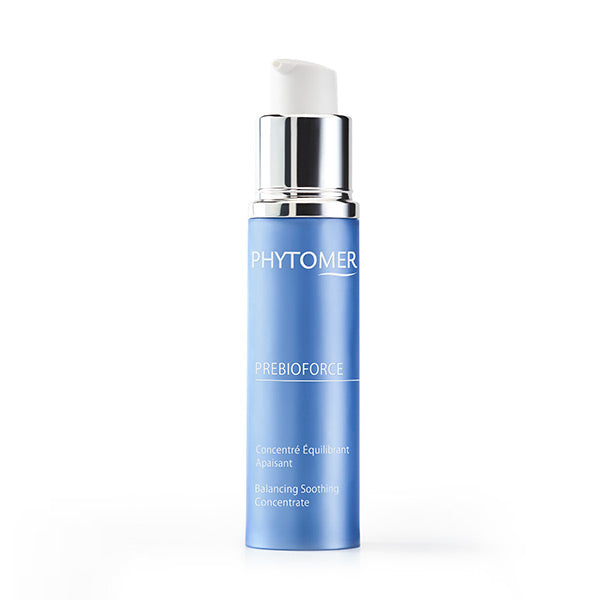 A blue pump bottle labeled PHYTOMER Prebioforce Balancing Soothing Concentrate, designed for skincare.