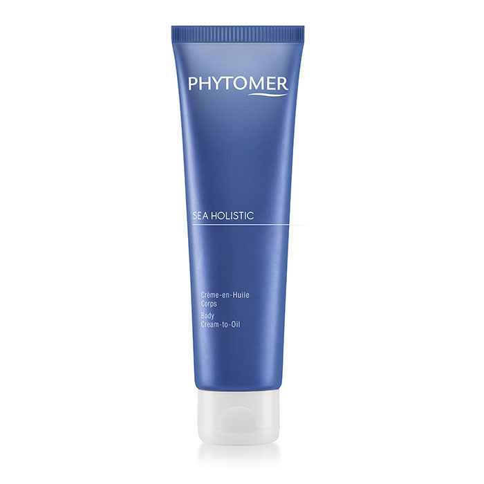 A blue tube of PHYTOMER SEA HOLISTIC Body Cream-to-Oil against a white background.