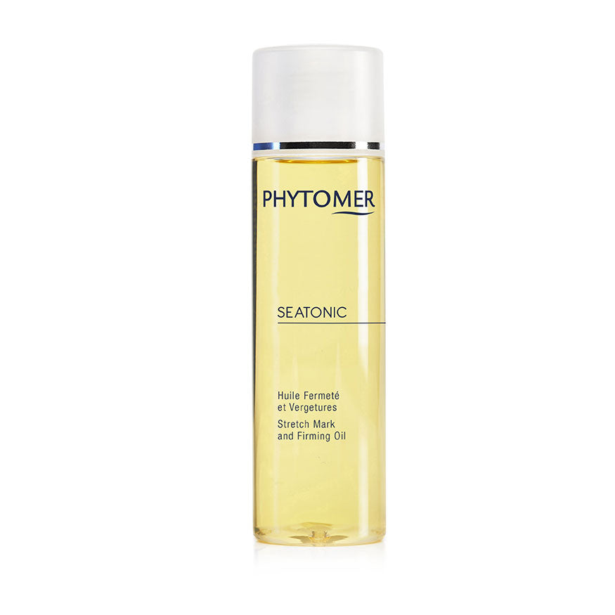 A clear bottle with a white label containing the PHYTOMER Seatonic Stretch Mark & Firming Oil, with a white cap.