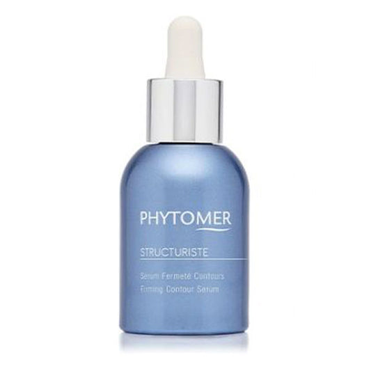 A blue bottle with a white dropper label reads 'PHYTOMER STRUCTURISTE Firming Contour Serum', indicating the product is for skin firming and contouring.
