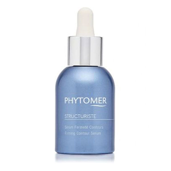 A blue bottle with a white dropper label reads 'PHYTOMER STRUCTURISTE Firming Contour Serum', indicating the product is for skin firming and contouring.
