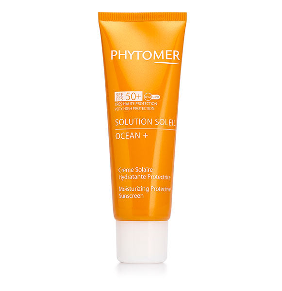 A tube of PHYTOMER Sun Solution Ocean+ Moisturizing Protective Sunscreen with SPF 50+.