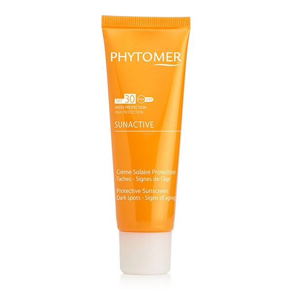 A tube of PHYTOMER Sunactive Protective Sunscreen with SPF30, designed for face and neck skin care, indicating it helps to protect against sunburn, photo-aging and dark spots.