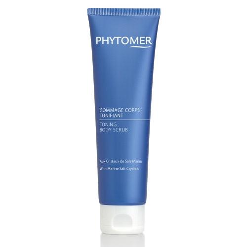 Blue tube of Phytomer toning body scrub on a white background